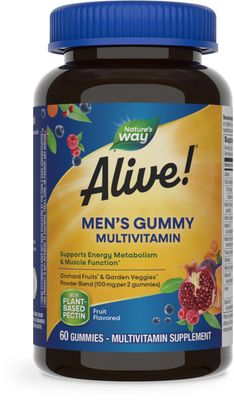 Nature&#39;s Way Alive! Men&#39;s Daily Gummy Multivitamin, Supports Energy Metabolism*, Muscle Function*, B-Vitamins, B-Vitamins, Gluten-Free, Vegetarian, Fruit Flavored, 60 Gummies (Packaging May Vary)