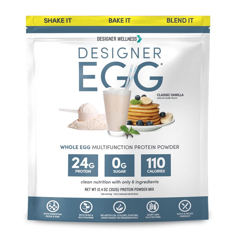 Designer Wellness, Designer Egg, Natural Egg Yolk &amp; Egg White Protein Powder, Keto and Paleo Friendly, Low Calorie, Less Fat and Cholesterol, Classic Vanilla, 12.4 Ounce