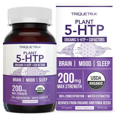 Organic 5-HTP - 200 mg | 99% 5HTP Concentration, Plus Cofactor Vitamin B6 &amp; Lions Mane | Water Extracted from Organic Griffonia Seeds | Supports Mood, Cognition &amp; Sleep (60 Capsules | 30 Servings)