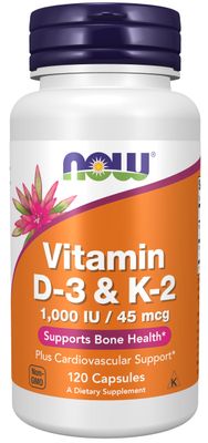 NOW Supplements, Vitamin D-3 &amp; K-2, 1,000 IU/45 mcg,Plus Cardiovascular Support*, Supports Bone Health*, 120 veg Capsules