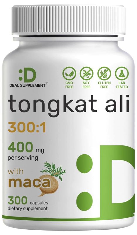 DEAL SUPPLEMENT Tongkat Ali Extract 300:1 400mg &amp; Maca Root 400mg | 300 Capsules, Ultra Strength Longjack (Eurycoma Longifolia) + Peru Maca - Non-GMO, Herbal Supplement for Men Health, Performance