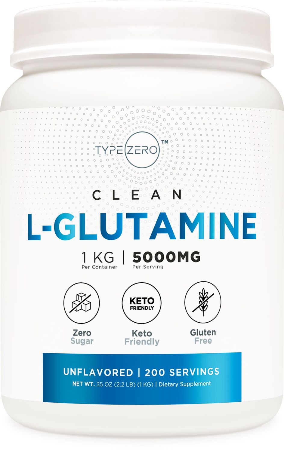 Type Zero L Glutamine Powder KG, 5000mg Serving Size - 6-Month Supply, L-Glutamine Supplement for Gut Health, Gastrointestinal Lining Support &amp; Recovery for Women/Men - Vegan, Gluten Free, No Fillers