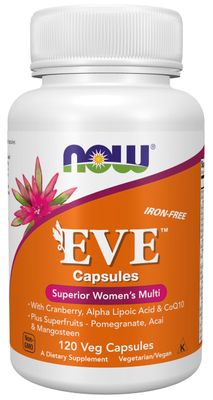NOW Foods Supplements, Eve Women&#39;s Multivitamin with Cranberry, Alpha Lipoic Acid and CoQ10, plus Superfruits - Pomegranate, Acai &amp; Mangosteen, Iron-Free, 120 Veg Capsules
