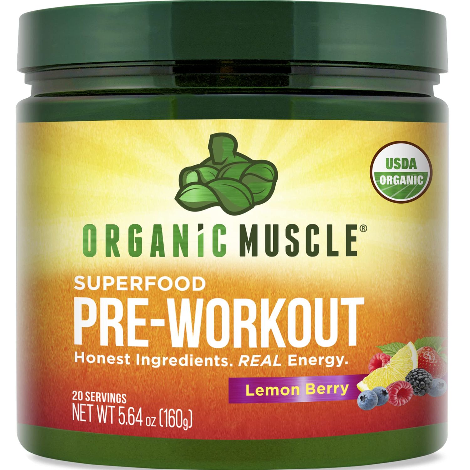 Organic Muscle Superfood Pre Workout Powder for Men &amp; Women, Lemon Berry - USDA Organic Preworkout Supplement for Endurance - Vegan, Natural, Plant-Based, &amp; Low Caffeine Pre-Workout Energy Powder