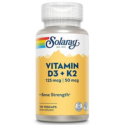 SOLARAY Vitamin D3 K2 - Bone Health and Immune Support Supplement - With 5000 IU Vitamin D as Vit D3 and 50 mcg Vitamin K2 as Menoquinone MK7, Made Without Soy, 60-Day Guarantee, 120 Serv, 120 VegCaps
