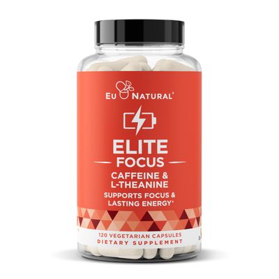 Elite Caffeine Pills with L-Theanine - Jitter-Free Focused Energy Supplements - Clean & Natural Nootropic Stack for Smart Cognitive Performance - 120 Soft Capsules