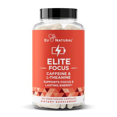 Elite Caffeine Pills with L-Theanine - Jitter-Free Focused Energy Supplements - Clean &amp; Natural Nootropic Stack for Smart Cognitive Performance - 120 Soft Capsules