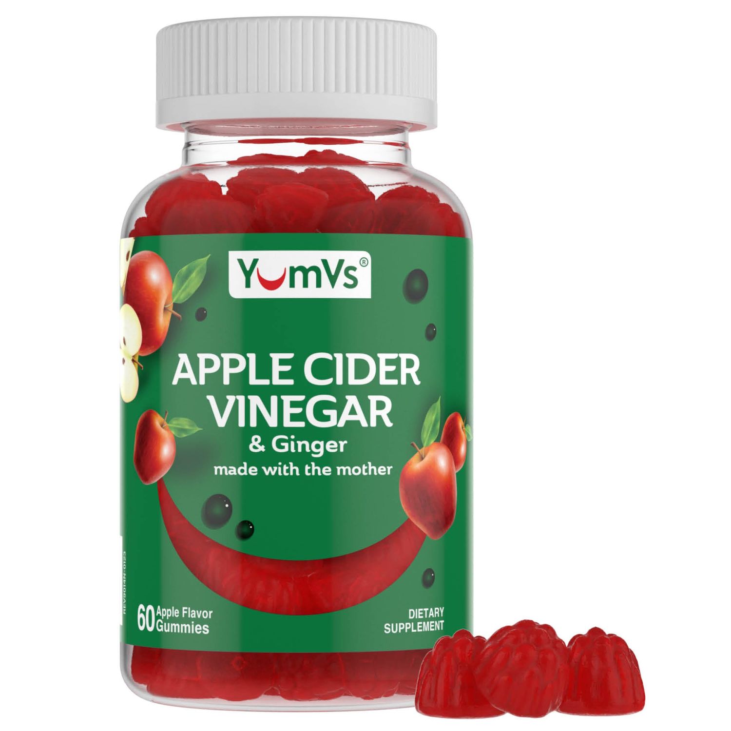 Apple Cider Vinegar Gummies with The Mother + Ginger by YumVs | Non GMO, Vegetarian Supplement for Women &amp; Men | Heart Health and Digestive Support | Natural Apple Flavor Chewables - 60 Count