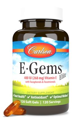Carlson - E-Gems Elite, 400 IU (268 mg) Vitamin E with Tocopherols &amp; Tocotrienols, Natural-Source, Vitamin E Capsules, Heart Health &amp; Optimal Wellness, Antioxidant, Vitamin E Supplement, 120 Softgels
