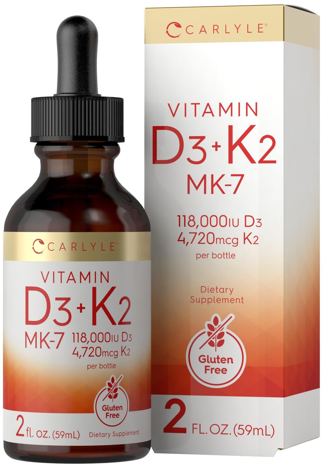 Carlyle Vitamin D3 K2 Drops | 2 Fl Oz | MK-7 Supplement | Vegetarian, Non-GMO, Gluten Free