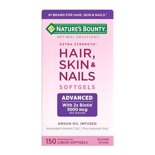 Nature&#39;s Bounty Advanced Hair, Skin &amp; Nails, Argan-Infused Vitamin Supplement with Biotin and Hyaluronic Acid, 150 Rapid Release Softgels
