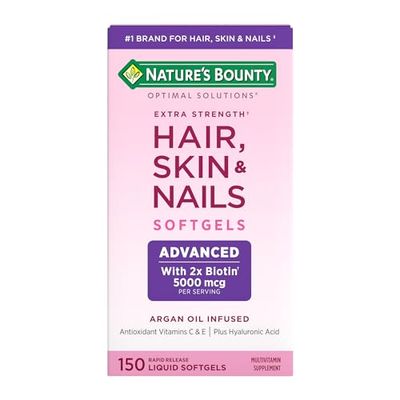 Nature&#39;s Bounty Advanced Hair, Skin &amp; Nails, Argan-Infused Vitamin Supplement with Biotin and Hyaluronic Acid, 150 Rapid Release Softgels