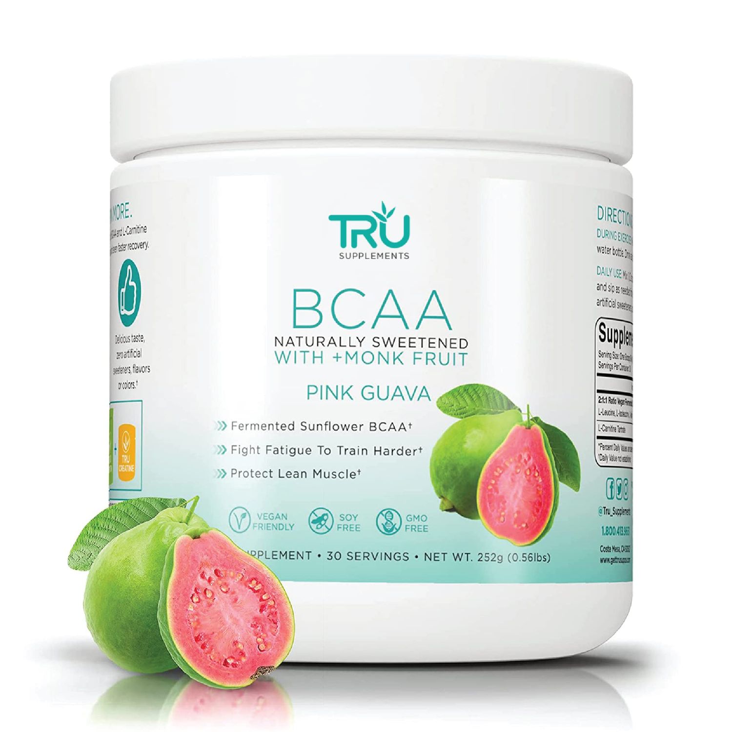 TRU BCAA, Plant Based Branched Chain Amino Acids, Vegan Friendly, Zero Calories, No artificials sweeteners or Dyes, 30 Servings, Green Apple