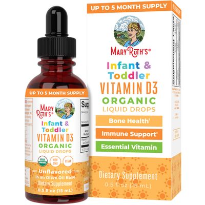 USDA Organic Vitamin D Drops by MaryRuth&#39;s | Vitamin D3 Liquid | Sugar Free | Liquid Vitamin D Drops Immune Support for Infants &amp; Toddlers | VIT D3 | Vegan | Gluten Free | Non-GMO | 90-150 Servings