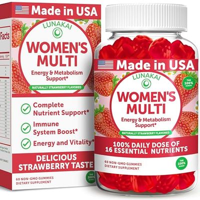 Lunakai USA Made Womens Multivitamin Gummies - 100% Daily Dose of 16 Essential Nutrients, Non-GMO, Delicious Strawberry Flavor, 60ct