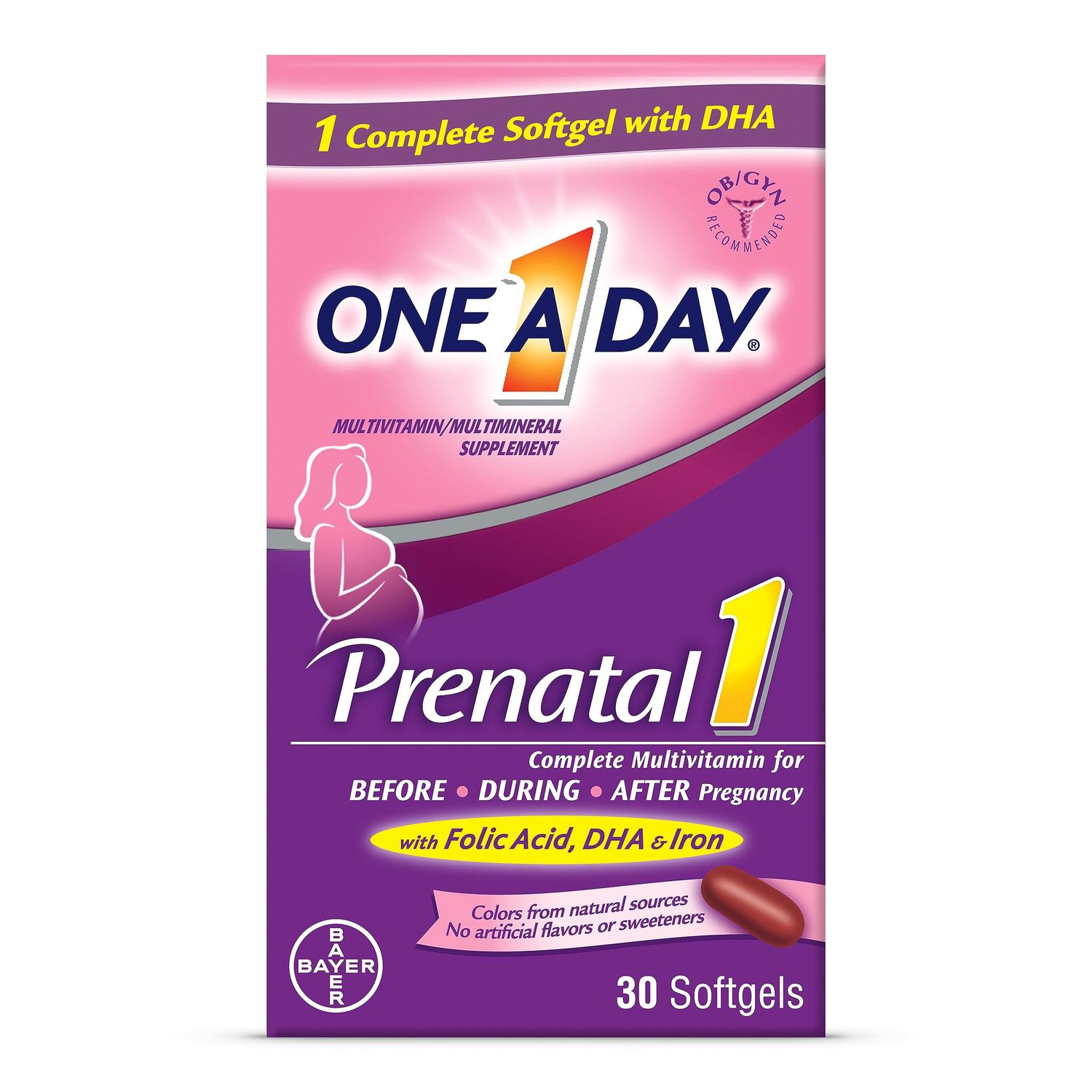 One A Day Women&#39;s Prenatal 1 Multivitamin including Vitamin A, Vitamin C, Vitamin D, B6, B12, Iron, Omega-3 DHA &amp; more, 30 Count - Supplement for Before, During, &amp; Post Pregnancy