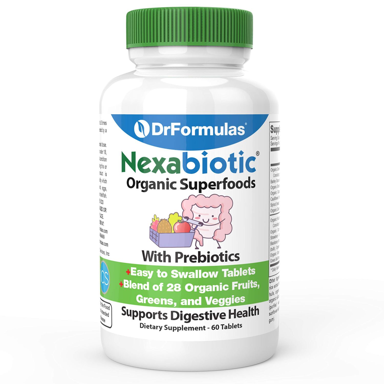DrFormulas Organic Prebiotic Fiber for Constipation Relief | Nexabiotic Superfood Tabs for Probiotic Digestive Health, 60 Tablets