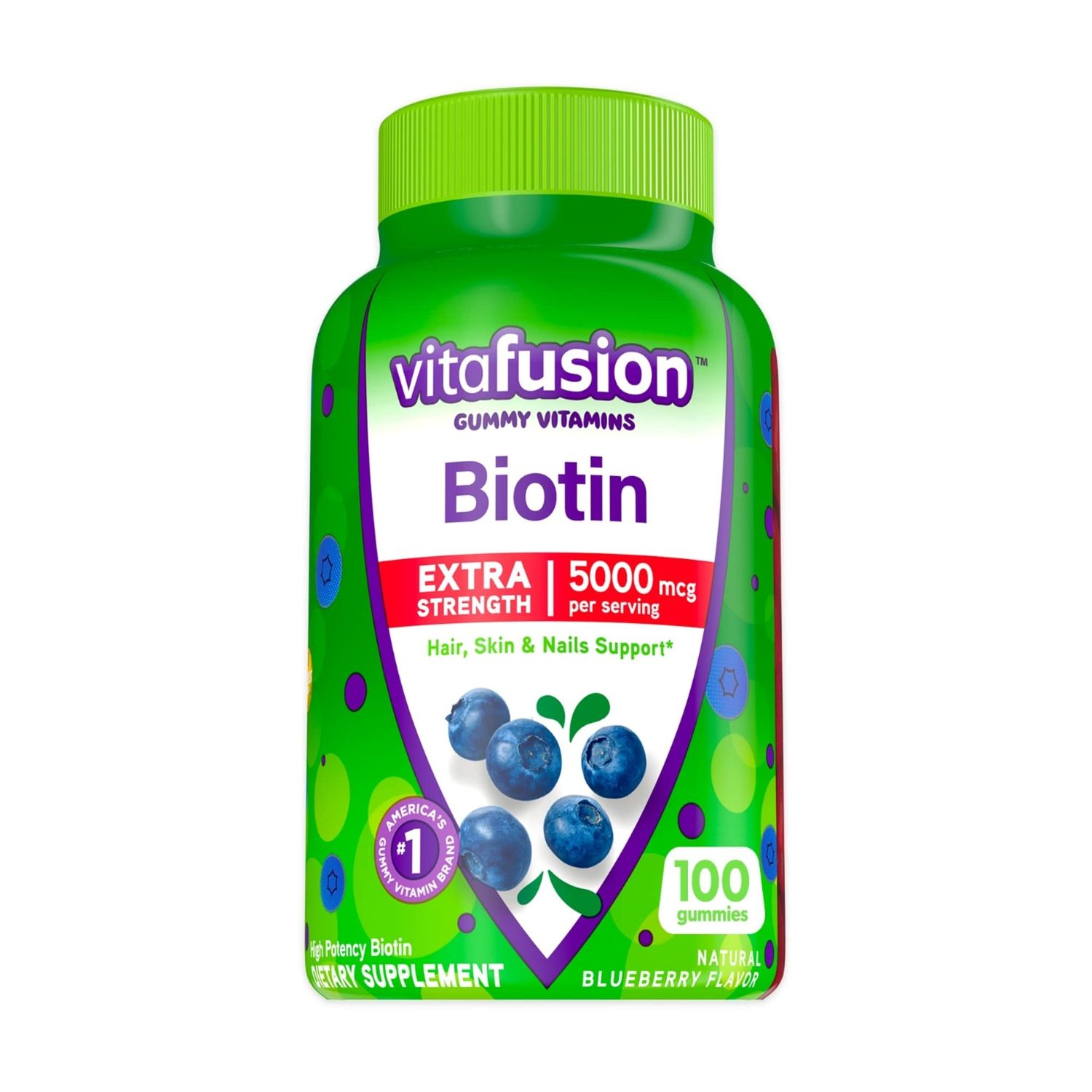 vitafusion Extra Strength Biotin Gummy Vitamins, Berry Flavored, 5,000 mcg Biotin Vitamins, Americas Number 1 Gummy Vitamin Brand, 50 Day Supply, 100 Count (Packaging may vary)