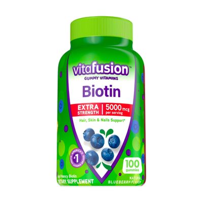 vitafusion Extra Strength Biotin Gummy Vitamins, Berry Flavored, 5,000 mcg Biotin Vitamins, Americas Number 1 Gummy Vitamin Brand, 50 Day Supply, 100 Count (Packaging may vary)