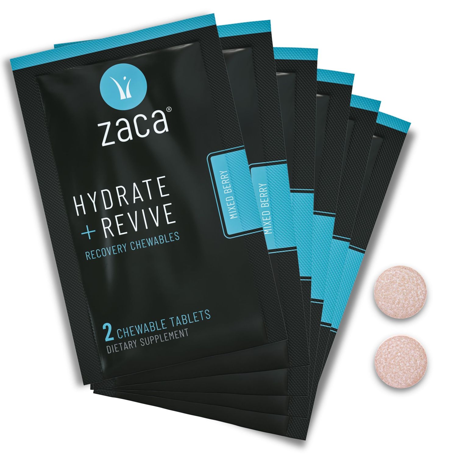 Zaca Recovery Chewable Supplement | Hydrate + Revive | Party, Travel, Exercise &amp; Altitude | Sugar Free &amp; Gluten Free | Mixed Berry, 6 Packets = 12 Tablets