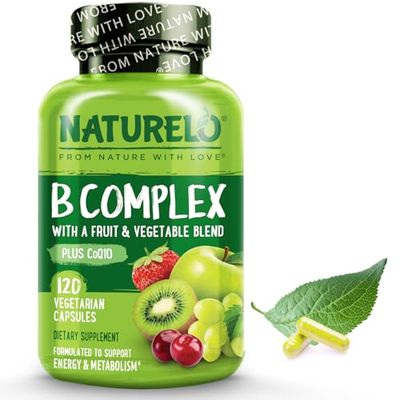 NATURELO Vitamin B Complex with Methyl B12, Methyl Folate, Vitamin B6, Biotin Plus Choline, CoQ10, and Fruit &amp; Vegetable Blend - Supports Energy &amp; Healthy Stress Response - Vegan - 120 Capsules