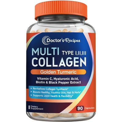 Doctor&#39;s Recipes Multi Collagen Peptides with Golden Turmeric, Vitamin C, Biotin, Hyaluronic Acid &amp; Black Pepper, Collagen Supplements for Skin, Hair, Nail &amp; Joint, Collagen for Women and Men, 90 Caps