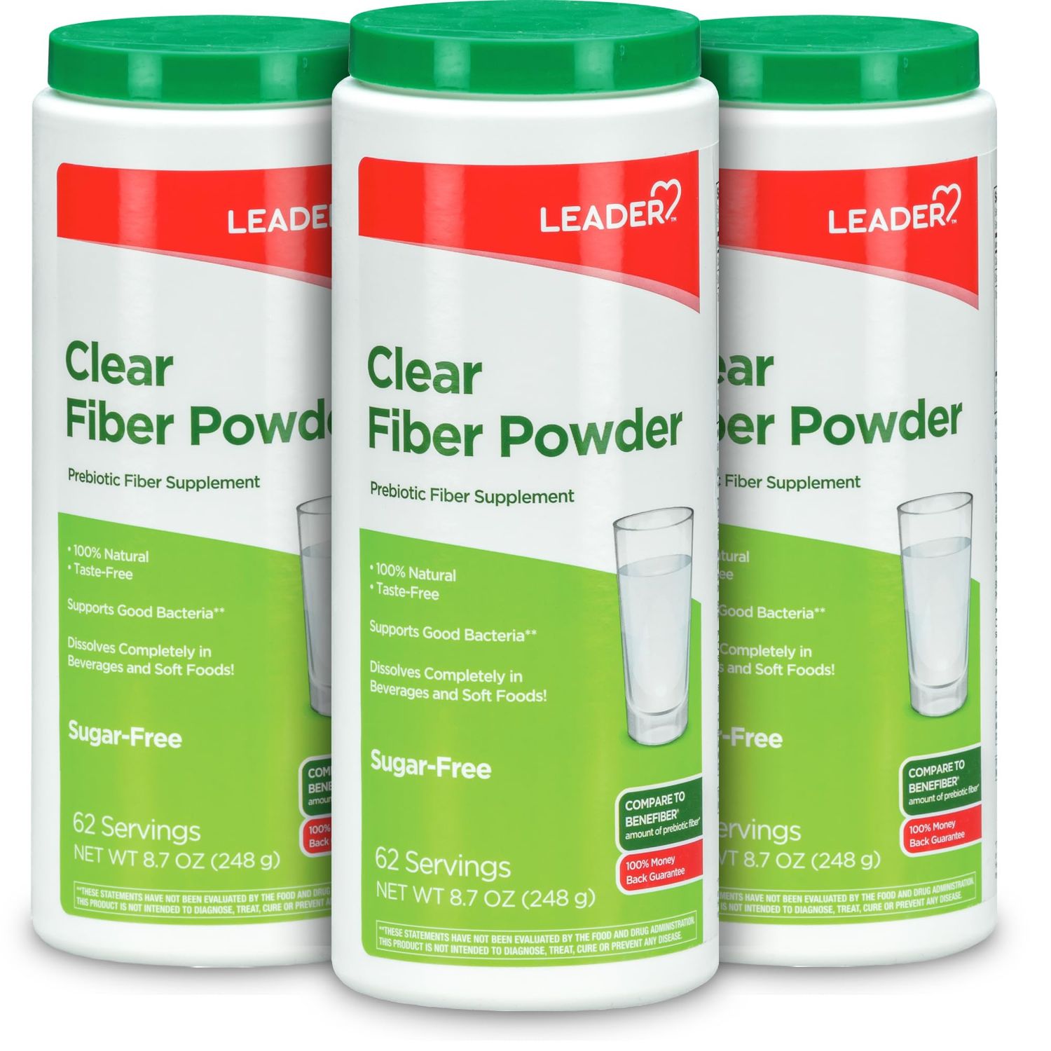 Leader Prebiotic Fiber Supplement Powder for Digestive Health, 100% Natural Daily Fiber Powder, Sugar-Free, Taste-Free, Gluten Free, Non-GMO, Unflavored, 62 Servings (8.7 OZ) (3)