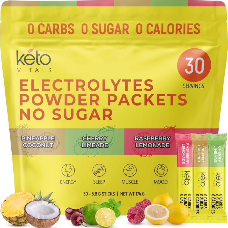 Keto Vitals Tropical Keto Electrolyte Powder No Sugar - Keto Electrolytes Powder Packets with Potassium, Magnesium, Sodium, &amp; Calcium - Sugar Free Electrolyte Drink Mix &amp; Hydration Powder, 30 Serving