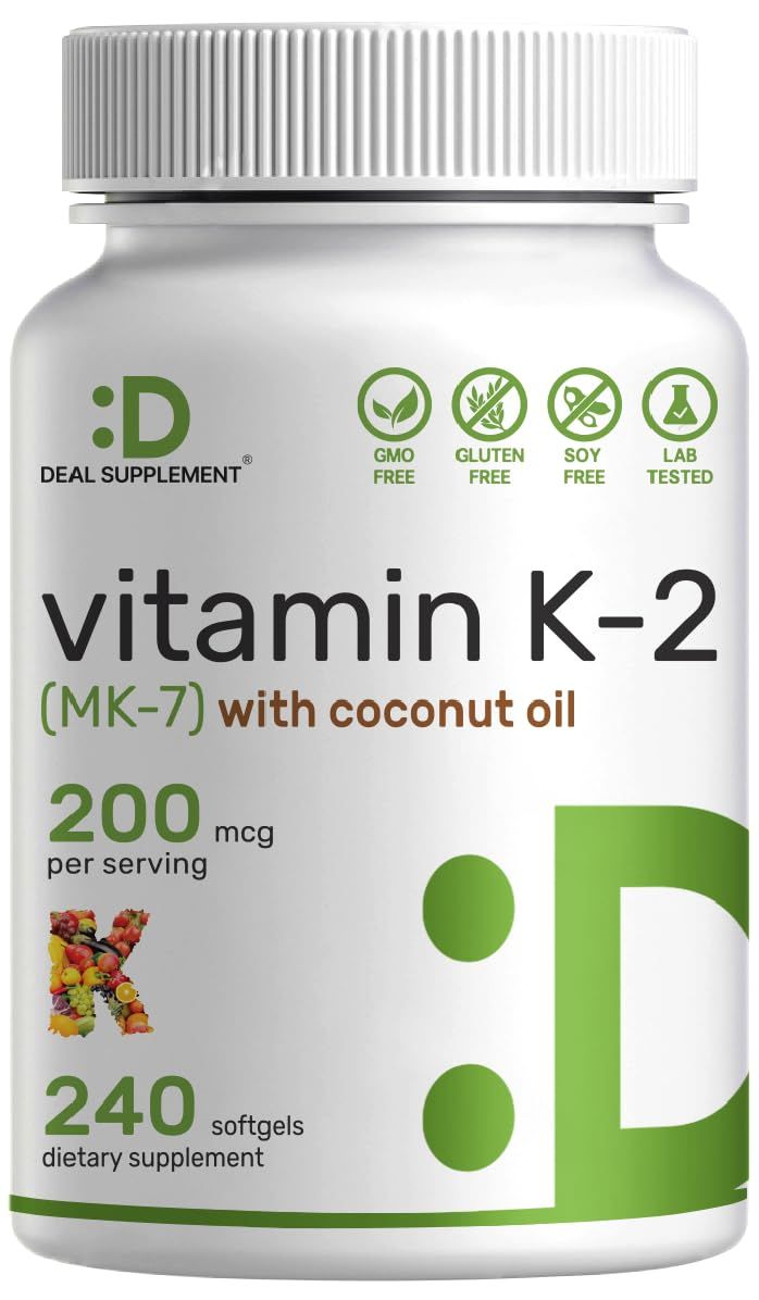 DEAL SUPPLEMENT Vitamin K2 (MK-7) 200mcg, 240 Virgin Coconut Oil Softgels | Premium Menaquinone-7 Form, Easily Absorbed Vitamin K Supplement - Bone, Joint, &amp; Immune Support - Non-GMO