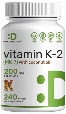 DEAL SUPPLEMENT Vitamin K2 (MK-7) 200mcg, 240 Virgin Coconut Oil Softgels | Premium Menaquinone-7 Form, Easily Absorbed Vitamin K Supplement - Bone, Joint, &amp; Immune Support - Non-GMO