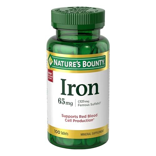 Nature&#39;s Bounty Iron 65mg, 325 mg Ferrous Sulfate, Cellular Energy Support, Promotes Normal Red Blood Cell Production, 100 Tablets