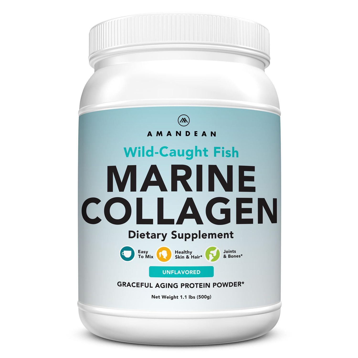 AMANDEAN Premium Anti-Aging Marine Collagen Peptides Powder. 500g Wild-Caught Hydrolyzed Fish Collagen Supplement. Type 1 &amp; 3 Collagen Protein. 18 Amino Acids for Skin, Hair, Nails.