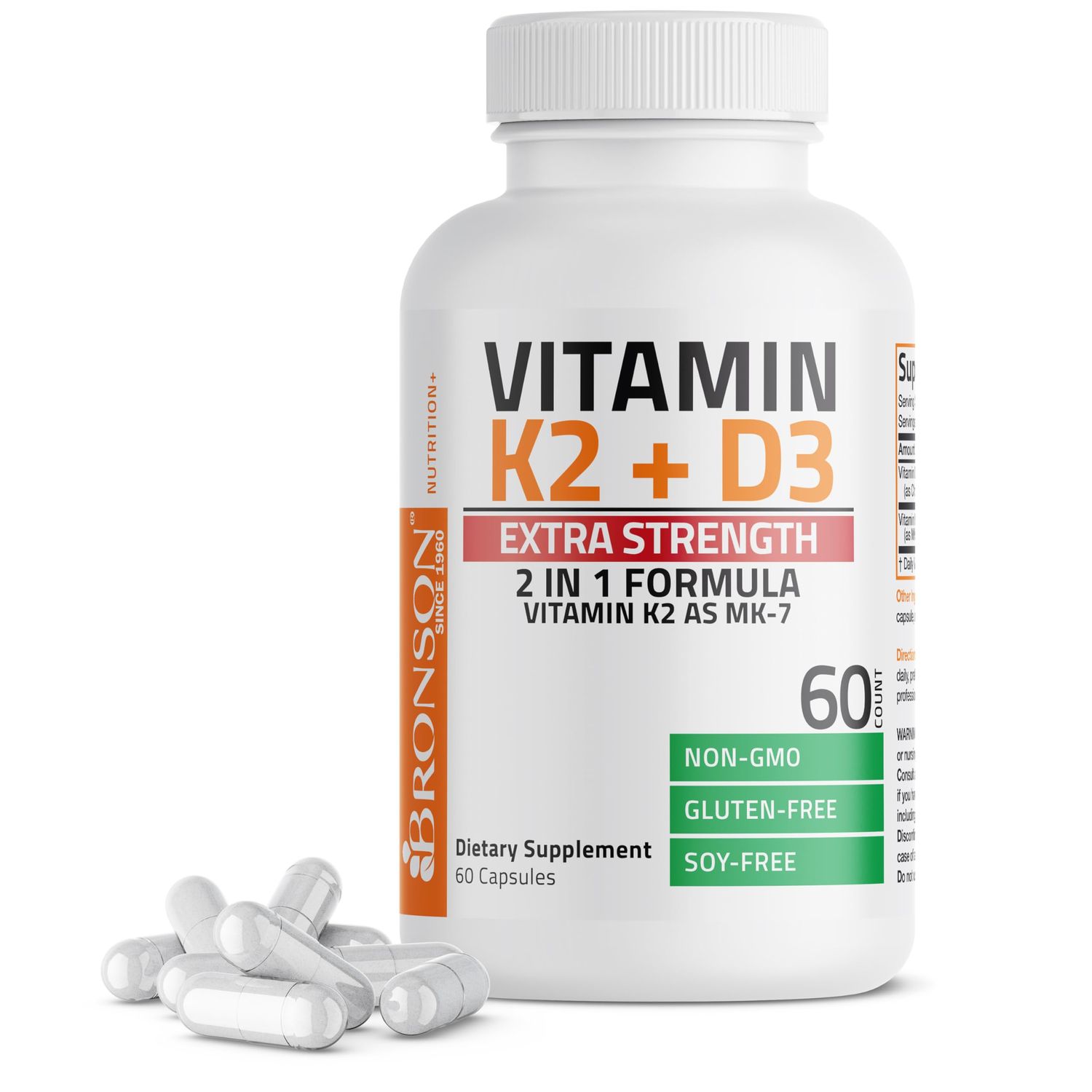 Bronson Vitamin K2 (MK7) with D3 Extra Strength Supplement Bone Health Non-GMO Formula 10,000 IU &amp; 120 mcg MK-7 Easy to Swallow D K, 60 Capsules