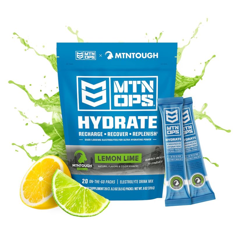 MTN OPS Hydrate Electrolytes Powder Drink Mix, 20 Single Serving On-The-Go Electrolyte Packs with Over 1000mg of Electrolytes per Serving, Mango Peach