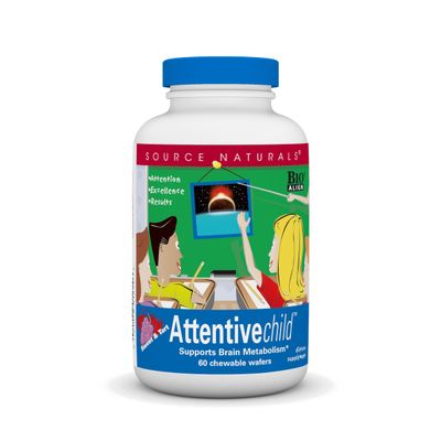 Source Naturals Attentive Child - Healthy Cognitive Nutrients for Active Children - Improved Focus &amp; Attention with DMAE, Magnesium, Zinc &amp; Grape Seed Extract - 60 Chewable Wafers.