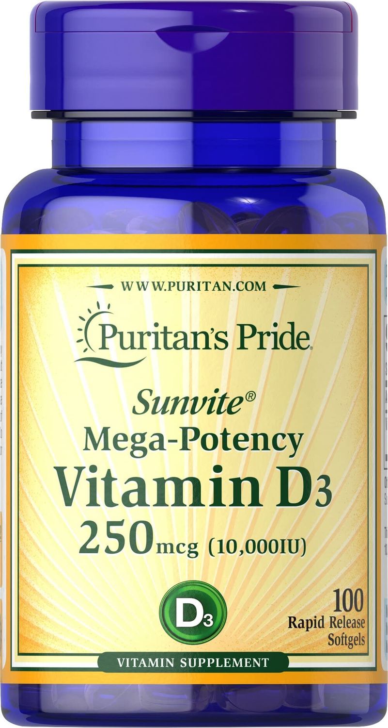 Puritan&#39;s Pride Vitamin D3 10000 IU Bolsters Health Immune System Support and Healthy Bones &amp; Teeth Softgels, Yellow, 100 Count