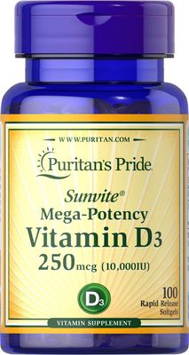 Puritan&#39;s Pride Vitamin D3 10000 IU Bolsters Health Immune System Support and Healthy Bones &amp; Teeth Softgels, Yellow, 100 Count
