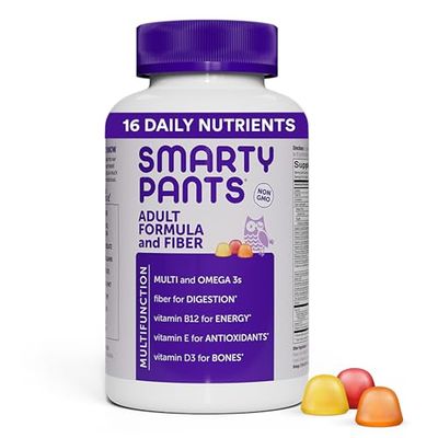 SmartyPants Fiber Supplement &amp; Multivitamin for Men &amp; Women: Multivitamin Fiber Gummies with Vitamin D3, C, Vitamin B12, B6, Vitamin A, K &amp; Zinc, Omega 3 Fish Oil (EPA/DHA), 180 Count (30 Day Supply)