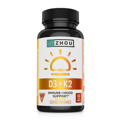 Zhou Nutrition Vitamin D3 K2, Bone and Heart Health Formula 5000 IU Vitamin D3 &amp; 90 mcg Vitamin K2, Max Strength 2 in 1 Immune Support and Calcium Absorption, Gluten Free, 60 Count