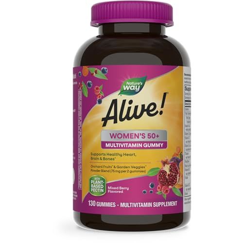 Nature&#39;s Way Alive! Womens 50+ Daily Gummy Multivitamins, Supports Multiple Body Systems*, Supports Healthy Heart, Brain &amp; Bones,* B-Vitamins, Mixed Berry Flavored, 130 Gummies (Packaging May Vary)