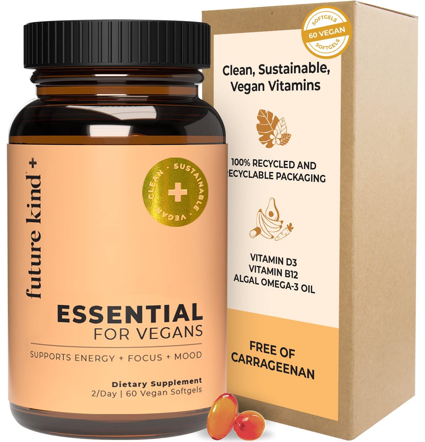 Future Kind Vegan Multivitamins - Glass Bottle &amp; Made for Vegans w/Omega 3 DHA+EPA, Vitamin B12 &amp; D3 - Vegan Vitamin for Energy, Focus, &amp; Mood - Vegan Vitamins for Women &amp; Men, 60 Tiny Softgels