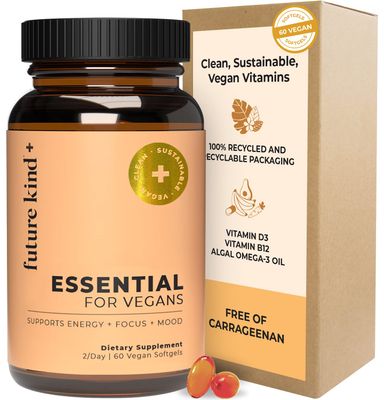 Future Kind Vegan Multivitamins - Glass Bottle &amp; Made for Vegans w/Omega 3 DHA+EPA, Vitamin B12 &amp; D3 - Vegan Vitamin for Energy, Focus, &amp; Mood - Vegan Vitamins for Women &amp; Men, 60 Tiny Softgels
