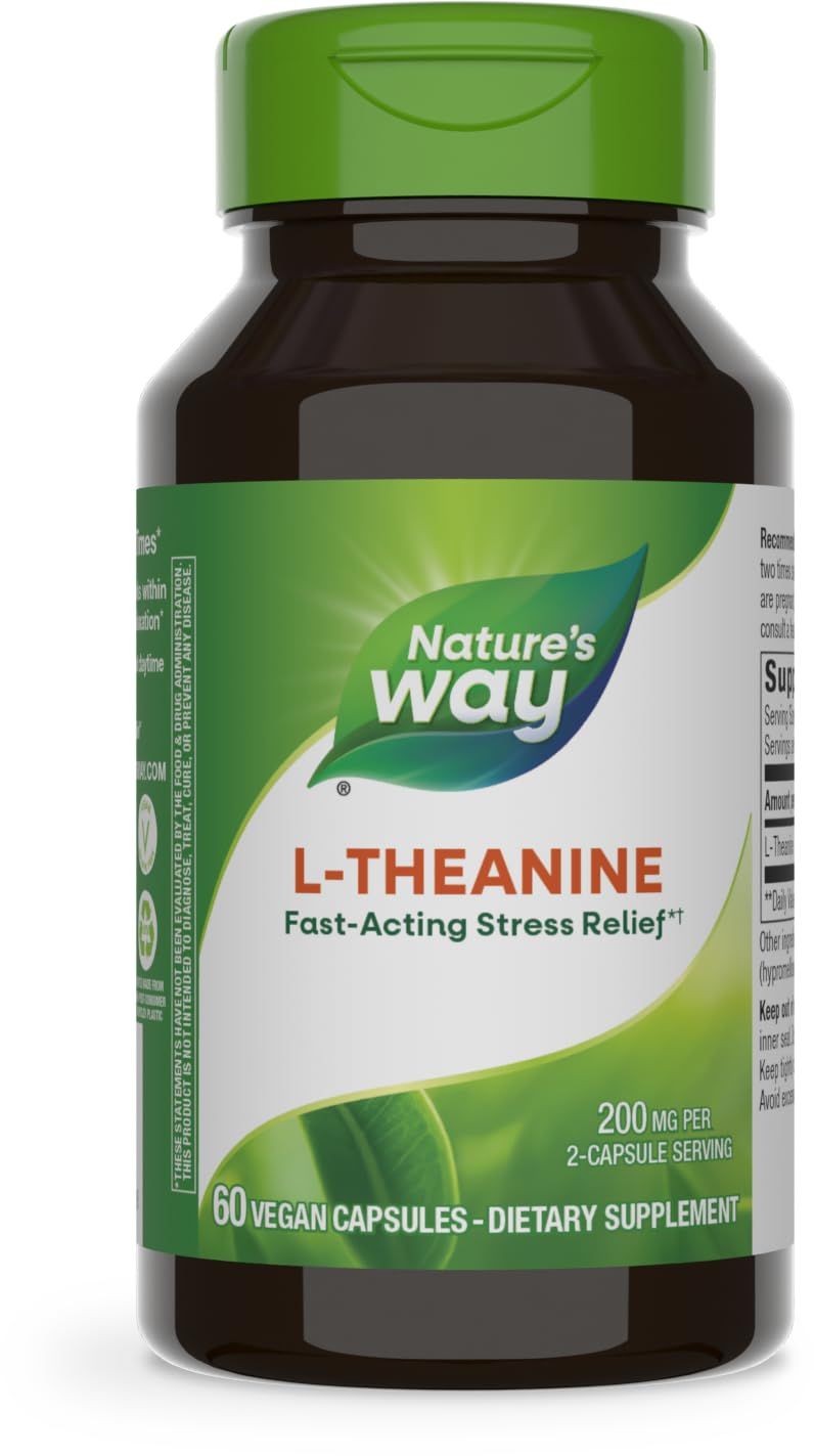 Nature&#39;s Way L-Theanine, Stress Support*, Promotes Relaxation*, 200 mg per 2-Capsule Serving, Vegan, 60 Capsules (Packaging May Vary)