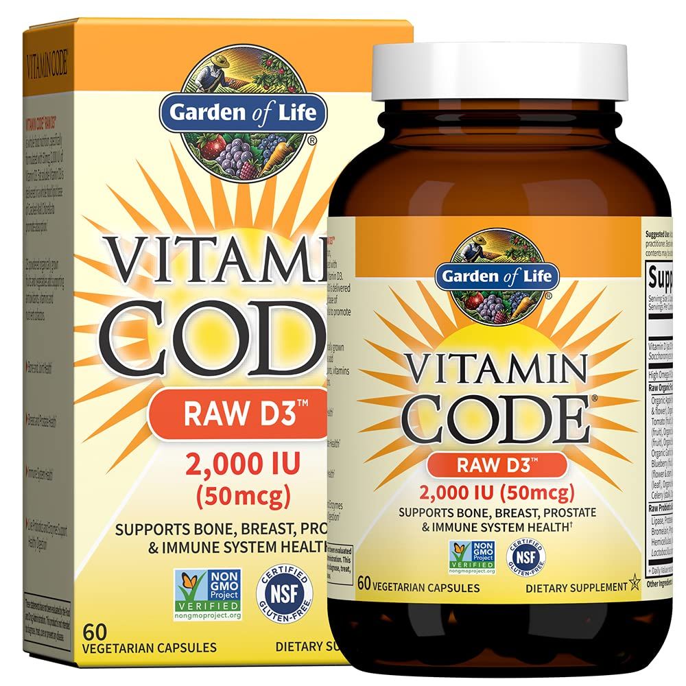 Garden of Life Vitamin D, Vitamin Code Raw D3, Vitamin D 2,000 IU, Raw Whole Food Vitamin D Supplements with Chlorella, Fruit, Veggies &amp; Probiotics for Bone &amp; Immune Health, 60 Vegetarian Capsules