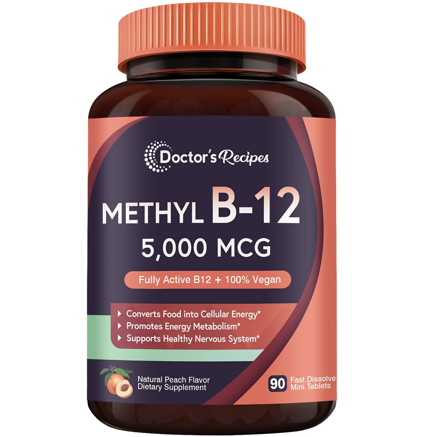 Doctor&#39;s Recipes Vitamin B12, Methylcobalamin 5000 mcg 90 Fast Dissolve Tablets, Natural Peach Flavor, Vegan Methyl, Energy Metabolism &amp; Nervous System