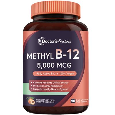 Doctor&#39;s Recipes Vitamin B12, Methylcobalamin 5000 mcg 90 Fast Dissolve Tablets, Natural Peach Flavor, Vegan Methyl, Energy Metabolism &amp; Nervous System
