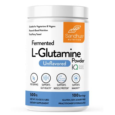 Sandhu&#39;s L-Glutamine Powder | 100 Servings, 500 Gram, 17.6 Oz., Large Size, 3 Months Supply| Made in USA | Non-GMO, Amino Acid Supplement for Muscle Support and Gut Health