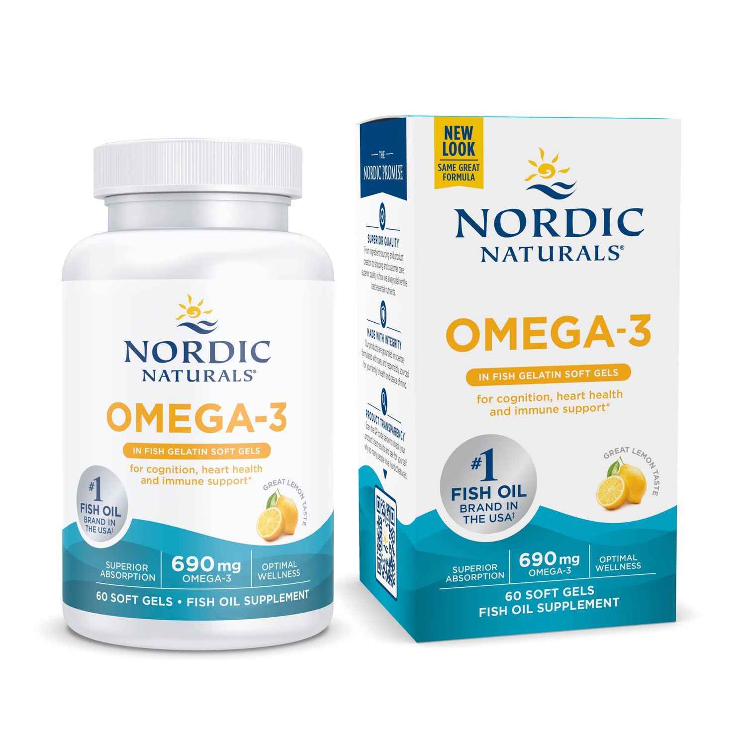 Nordic Naturals Omega-3 in Fish Gelatin, Lemon Flavor - 60 Fish Gels - 690 mg Omega-3 - Fish Oil - EPA &amp; DHA - Immune Support, Brain &amp; Heart Health, Optimal Wellness - Non-GMO - 30 Servings