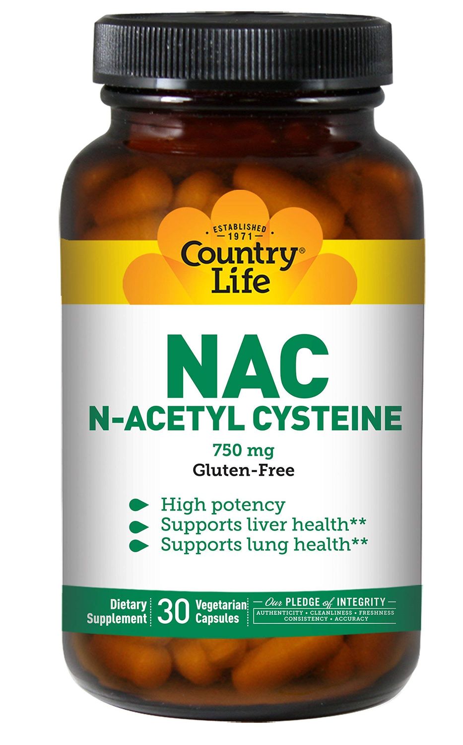 Country Life N-Acetyl Cysteine (NAC) 750 mg - Premium Liver Support and Lung Health Supplement - Powerful Antioxidant Protection, Liver Detox &amp; Cleanse, Immune Support, 30 Vegetarian Capsules