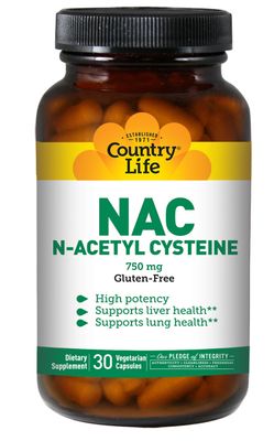 Country Life N-Acetyl Cysteine (NAC) 750 mg - Premium Liver Support and Lung Health Supplement - Powerful Antioxidant Protection, Liver Detox &amp; Cleanse, Immune Support, 30 Vegetarian Capsules